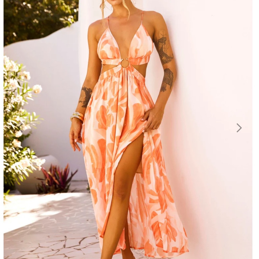Backless Orange Floral Maxi Dress with Ring Detail